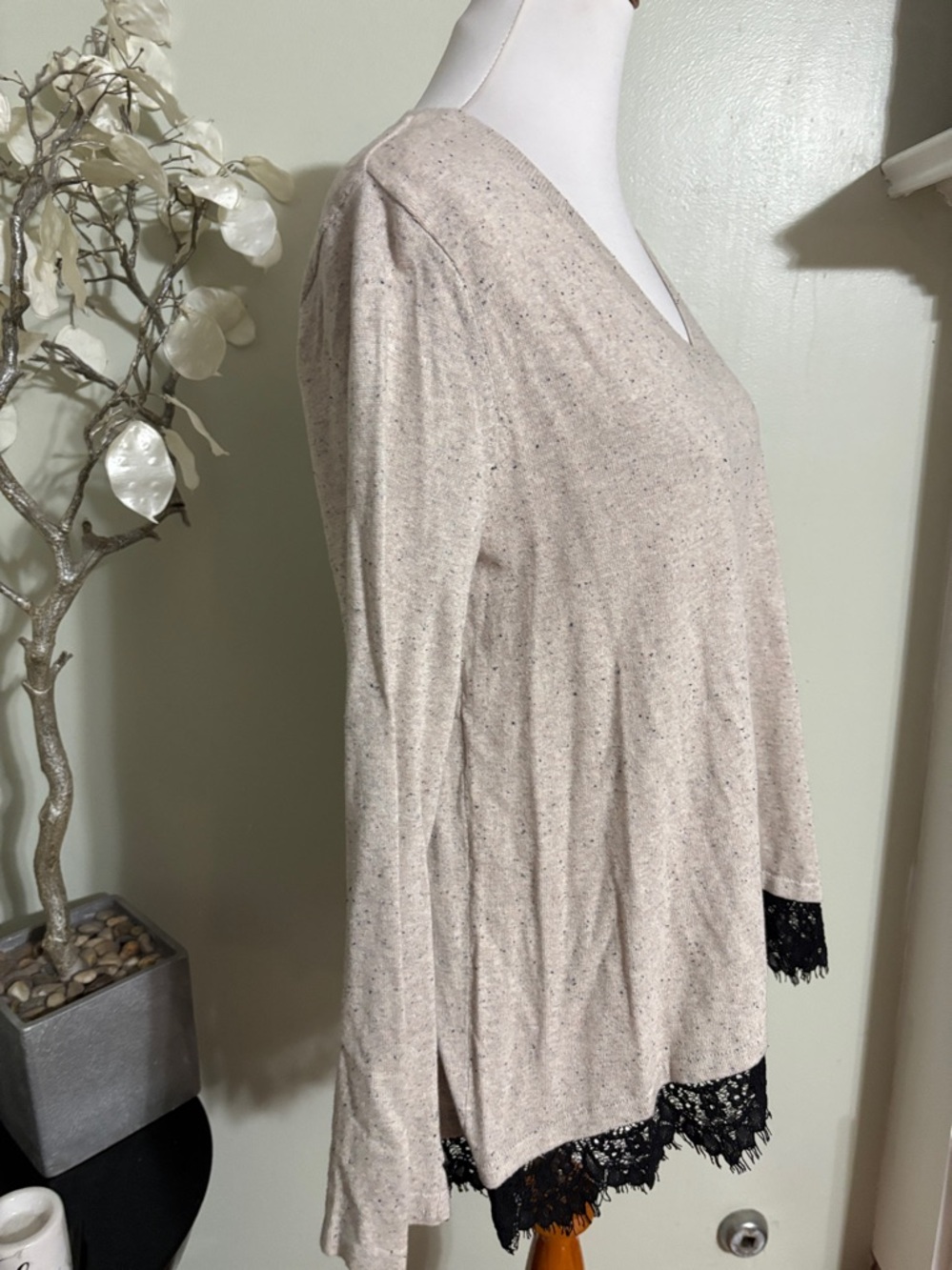 Style & Co Beige V Neck Sweater with Black Lace Trim - Picture 3 of 6